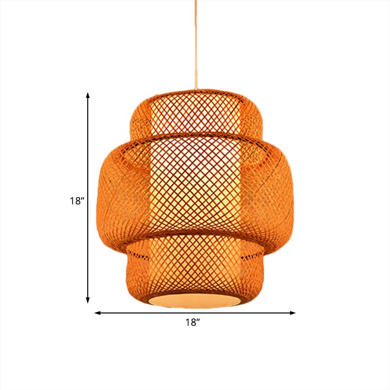 Lantern Shaped Hanging Light with Cross Woven Design Asian Bamboo 18"/19.5" W 1 Light Dining Room Suspension Lamp in Flaxen