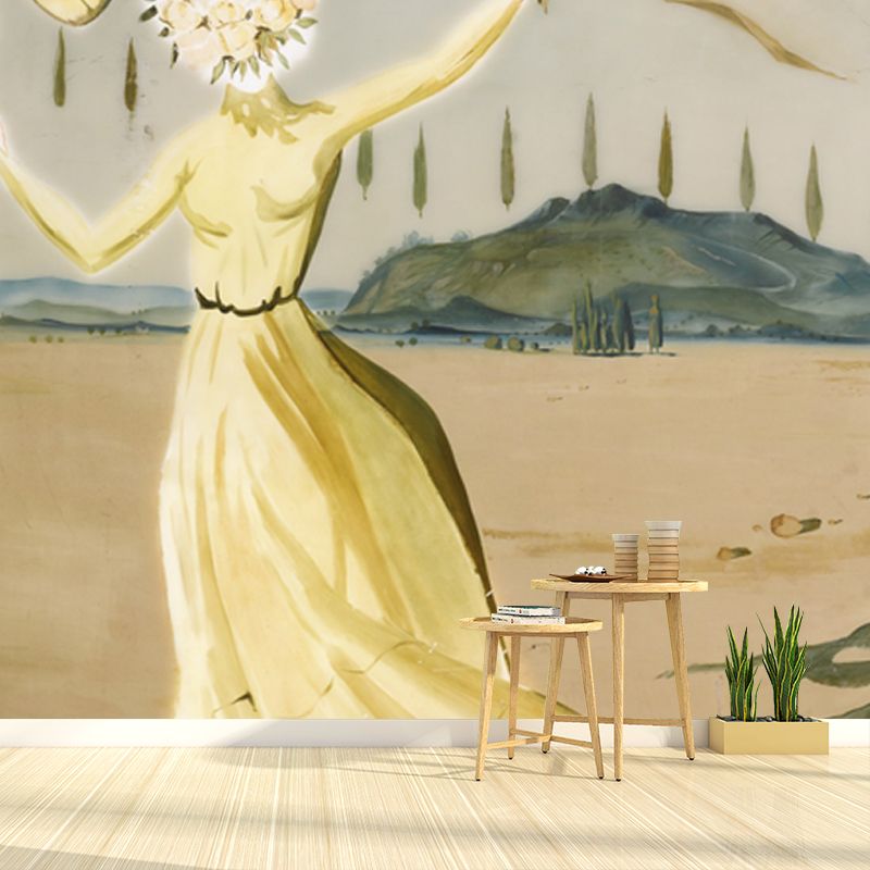 Illustration Gala Dress Mural Wallpaper for Accent Wall, Yellow, Personalized Size