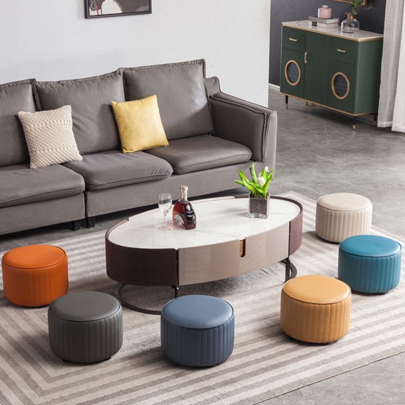 Modern Round Ottoman Solid Color Leather Water Resistant Footstool Ottoman