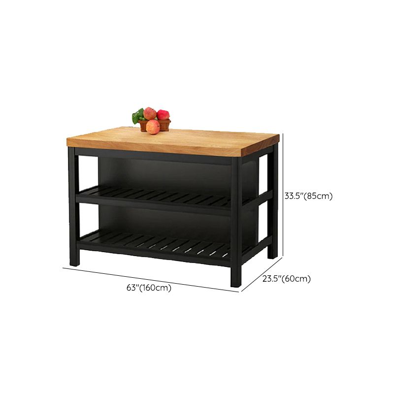 Light Brown Solid Wood Kitchen Island Table with Metal Open Storage