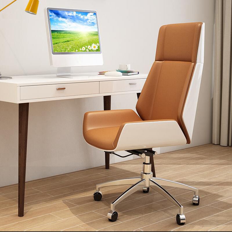 Armless Leather Desk Chair Modern No Distressing Ergonomic Office Chair with Wheels