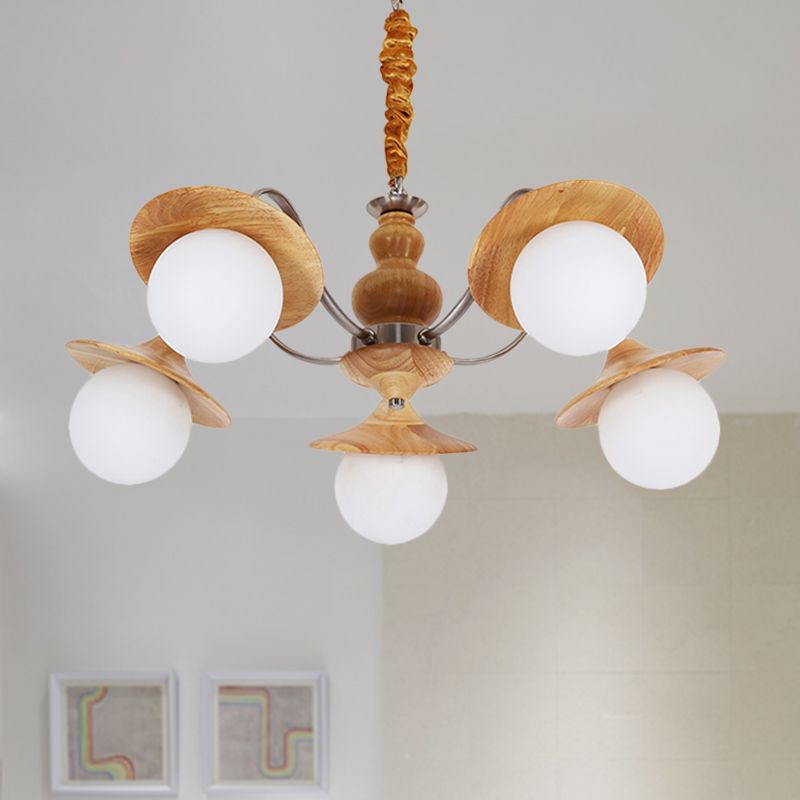 Modern Ball White Glass Chandelier 5 Lights Ceiling Pendant Fixture with Wooden Cap