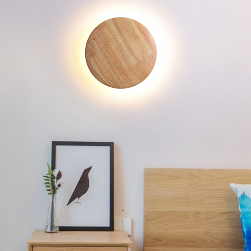 Wooden Wall Sconce Lighting Modern Round Disc Shape Wall Lamp for Bedroom
