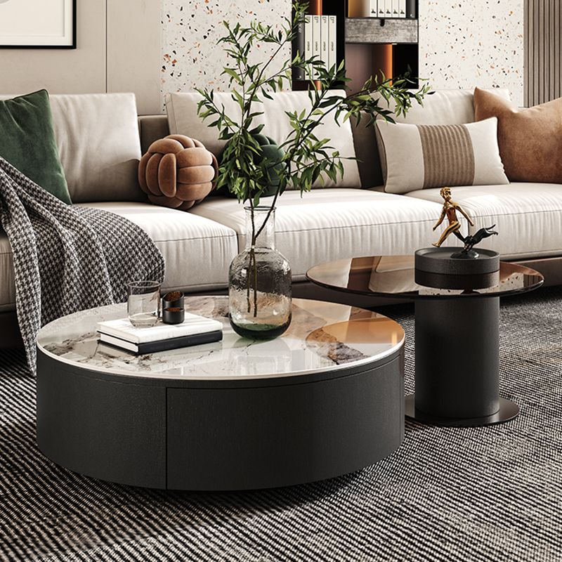 Round White Wood Coffee Table Modern Cocktail Table with Storage