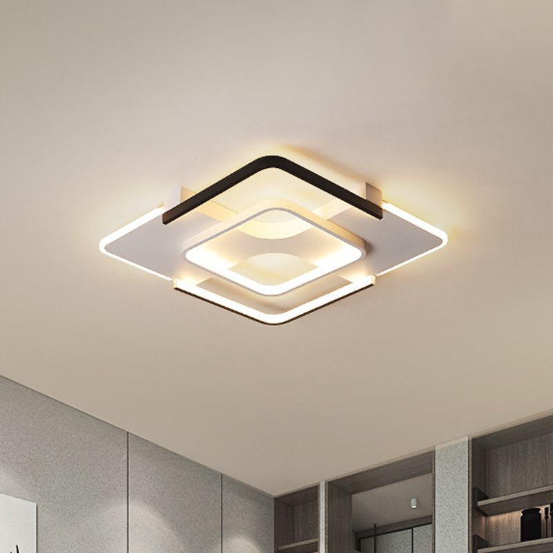 Minimalism LED Ceiling Flush Mount Black and White Square Flush Light with Acrylic Shade in Warm/White/3 Color Light, 16"/19.5" Wide