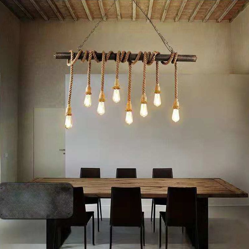Brown Coffee Shop Island Pendant Light in Industrial Classic Style Wrought Iron Ceiling Light with Hemp Rope