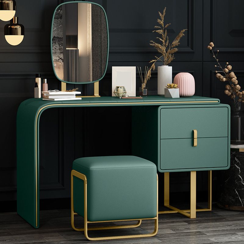Luxurious Leather 2-Drawer Vanity Makeup Table Set in Dark Green