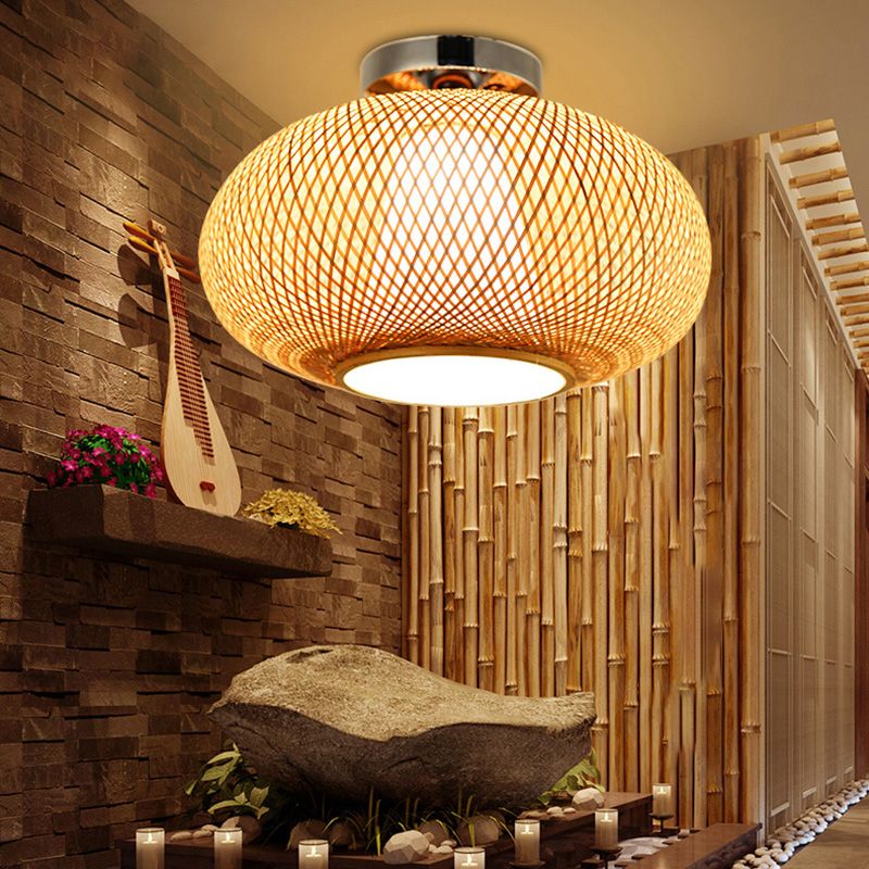 Round Ceiling Mount Light Fixture Asia Bamboo Beige Semi Flush Light