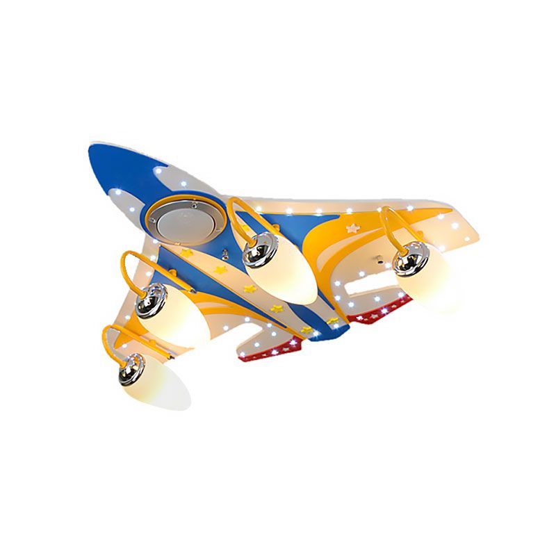 Eigentijdse blauwe plafondlamp gevechtsvliegtuig 6-lichts houten plafondlamp voor verpleegkamer