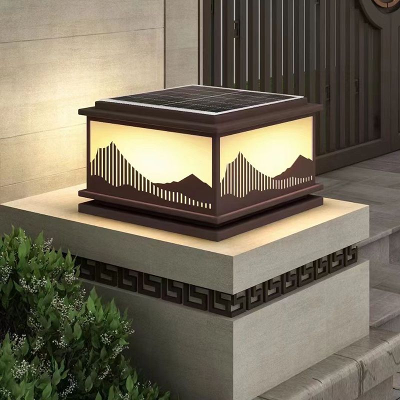 Rectangle Shape Metal Solar Pillar Lamp Modern 1 Light Outdoor Waterproof Light in Black