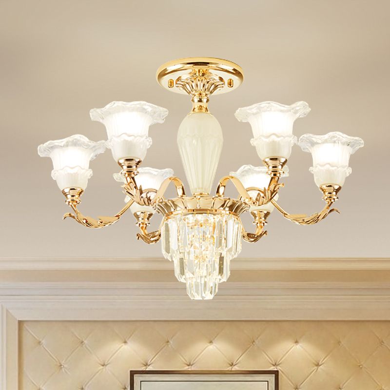 Bellflower Frosted Glass Semi-Flush Light Modern 3/6-Bulb Bedroom Ceiling Mount Chandelier with Crystal Bottom in Gold