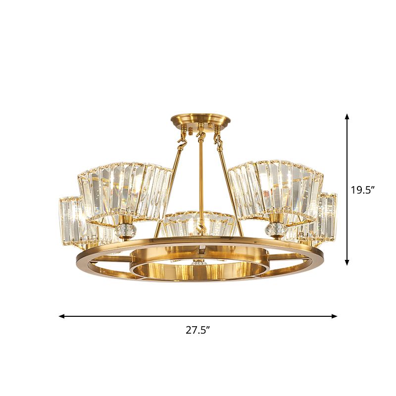 5 Bulbs Ceiling Fixture with Ring Design Contemporary Cubic Clear Glass Shade Semi Flush in Gold