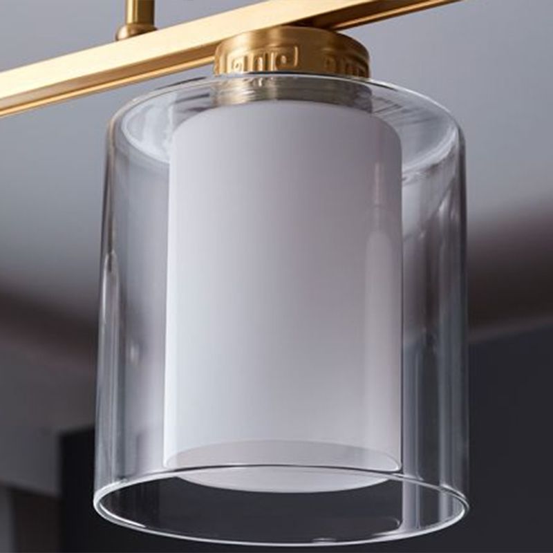 Brass 3-Light Island Lamp Traditional Clear and Frosted Glass Cylindrical Suspension Light