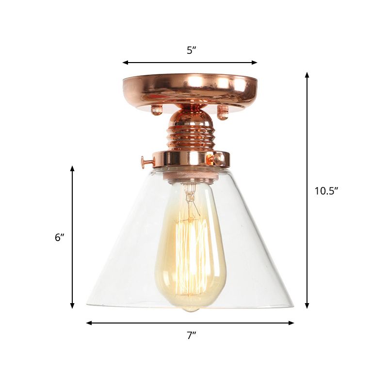 1 Light Ceiling Light Fixture with Cone/Barrel/Bell Shade Clear Glass Industrial Living Room Semi Flush in Copper