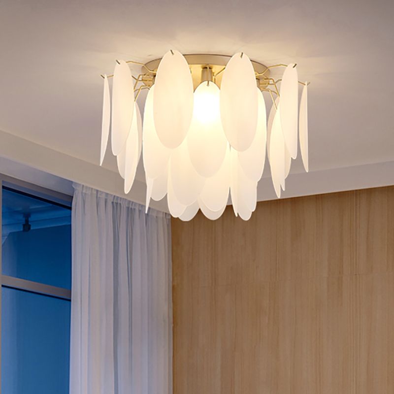 Feather-Shaped Flush Mount Lamp Contemporary White Glass 22.5"/28" Wide 6 Lights Living Room Flush Ceiling Light Fixture