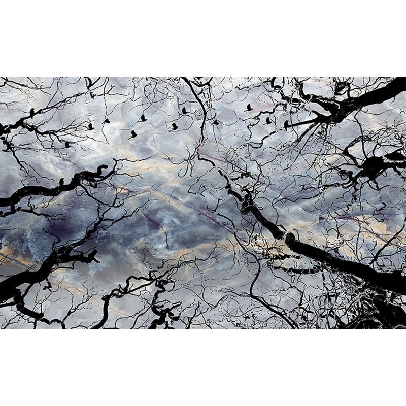 Sky and Withered Tree Murals Black-Blue Contemporary Wall Covering for Living Room