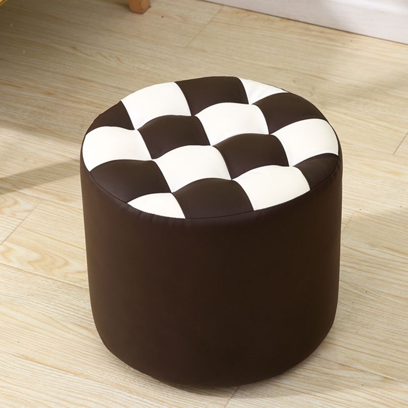 Ottoman Round Faux Leather Plaid Print Modern Tufted Tufted Ottoman