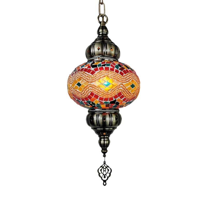 1 Head Cut Glass Ceiling Pendant Light Traditional Beige/Yellow/Blue Oval Dining Room Hanging Light Fixture