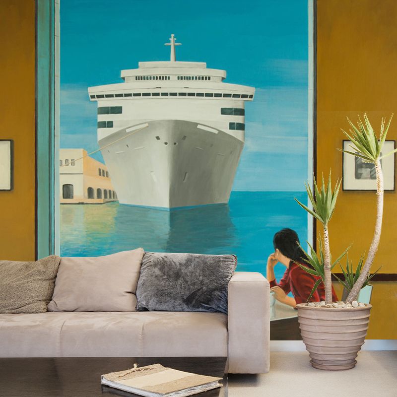 Non-Woven Big Blue-Brown Murals Artistic Transatlantic Liner Painting Wall Art for Bedroom