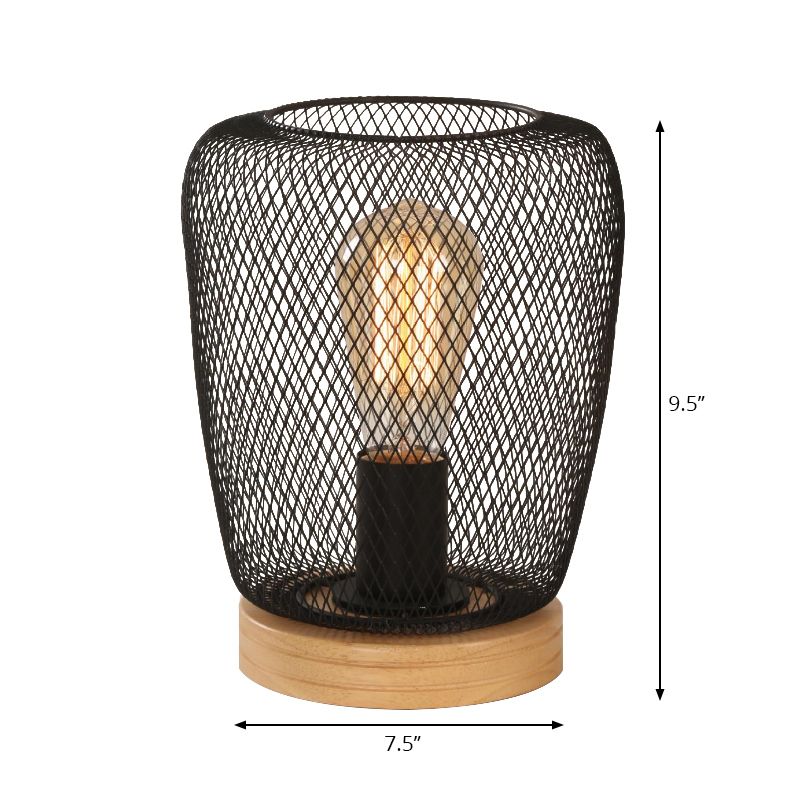 1 lampe de table de bulbe industrielle élégante poire / barillet ombre en métal et lampe à tâche en bois avec garde de fil en noir pour chambre à coucher