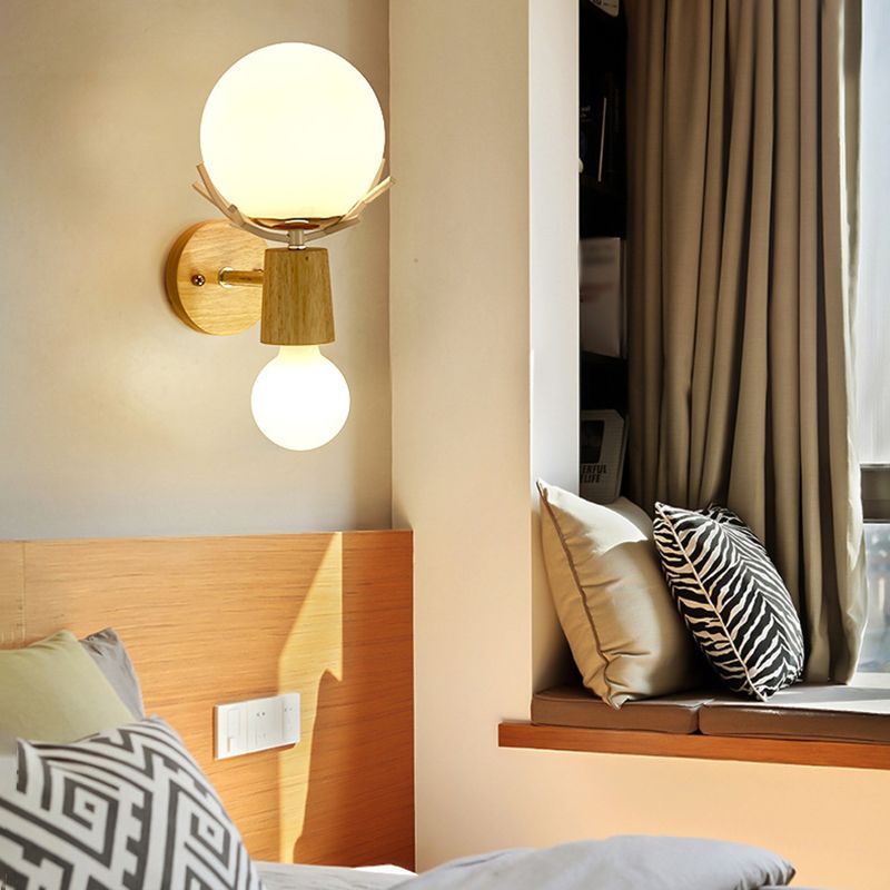 Wooden Wall Lamp in Modern Minimalist Style White Glass Wall Sconce with Antler Decoration