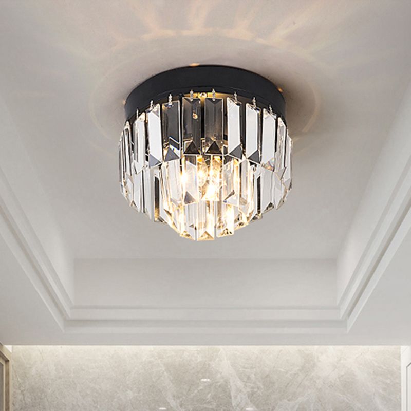 LED Lighting Fixture Modern 2-Tier Drum Shade Clear Bevel Cut Crystals Flush Mount Lamp in Gold/Black