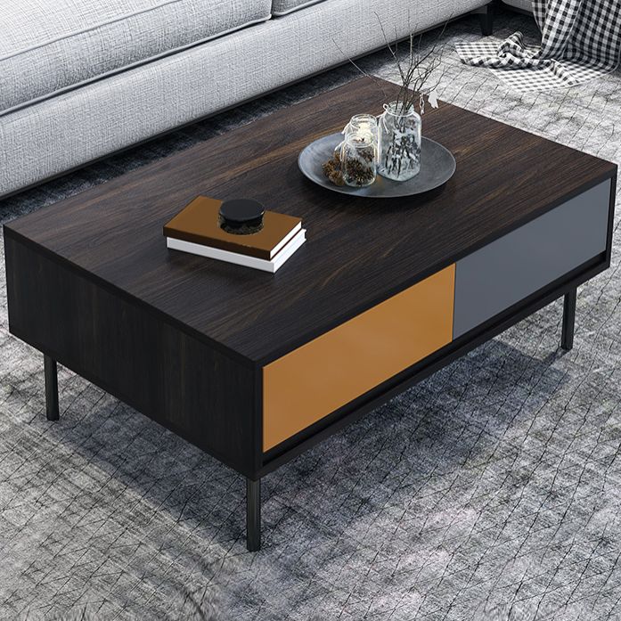 Modern 4 Legs Cocktail Table with 4 Drawers Glass & Wood 2 Nesting Coffee Table Set