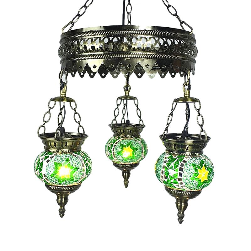 Stained Art Glass Oval Chandelier Lighting Traditional 3 Heads Bedroom Ceiling Chandelier in Yellow/Orange/Blue