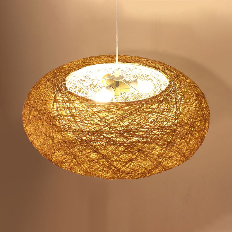 Handcrafted Pendant Chandelier Japanese Bamboo 3 Heads Suspended Lighting Fixture in Flaxen