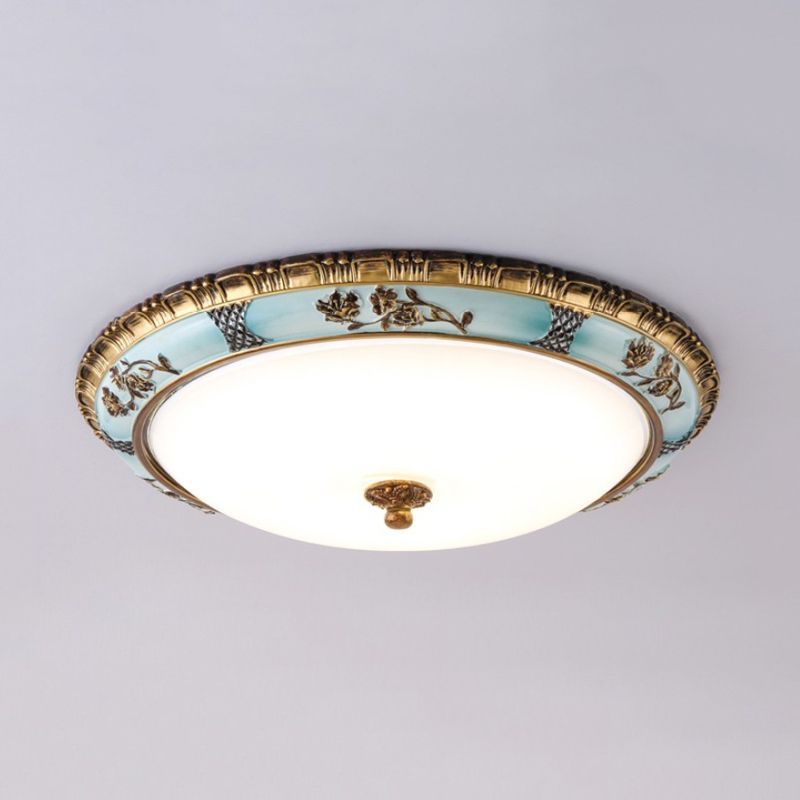 Dome Cream Glass Flush Light Fixture Retro Dining Room LED Ceiling Mount Lamp in Blue