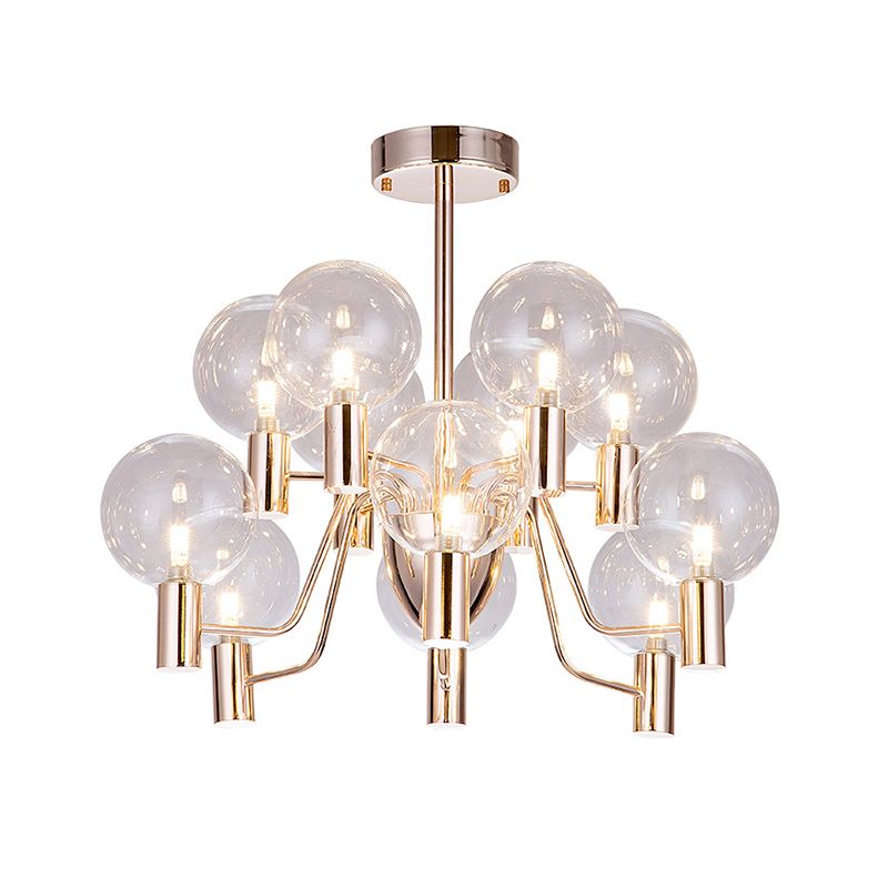 12 Bulbs Living Room Chandelier Minimalist Gold Suspended Pendant Light with Pendulum Clear Glass Shade
