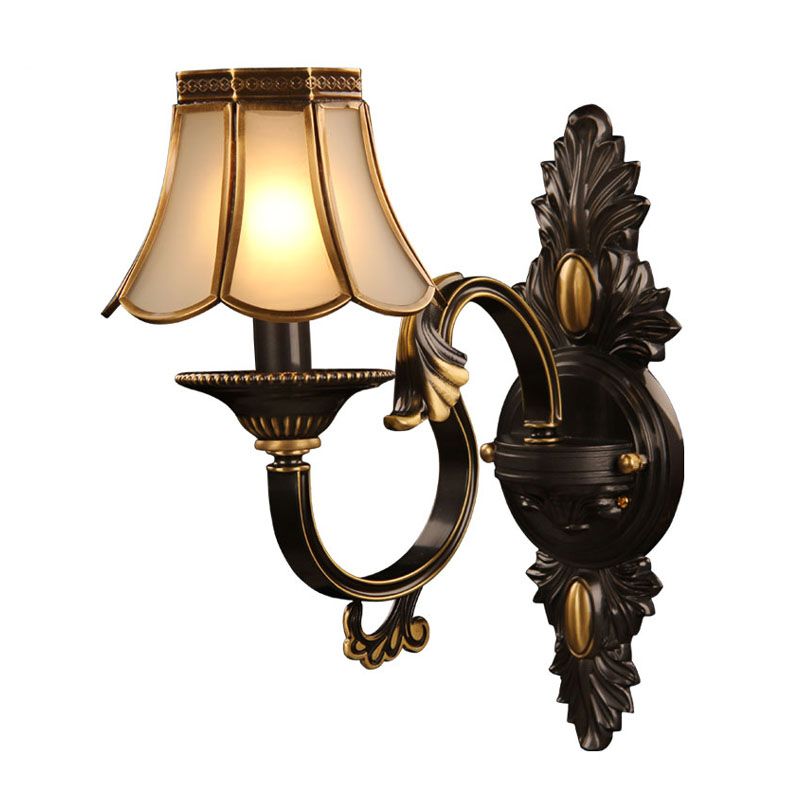 Scalloped Bedroom Wall Lamp Countryside Ivory Glass 1 Light Black Wall Mount Light