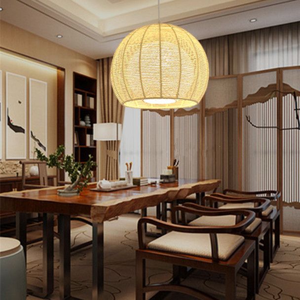 Asian Style Hand-weaving Lighting Fixture Double Rattan Shade Simplicity Globe Hanging Light for Bedroom Balcony