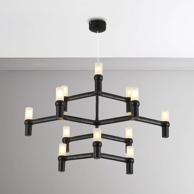 Black/White Crown Hanging Chandelier Light Modern 12 Lights Metallic Hanging Lamp with Frosted Glass Cylinder Shade