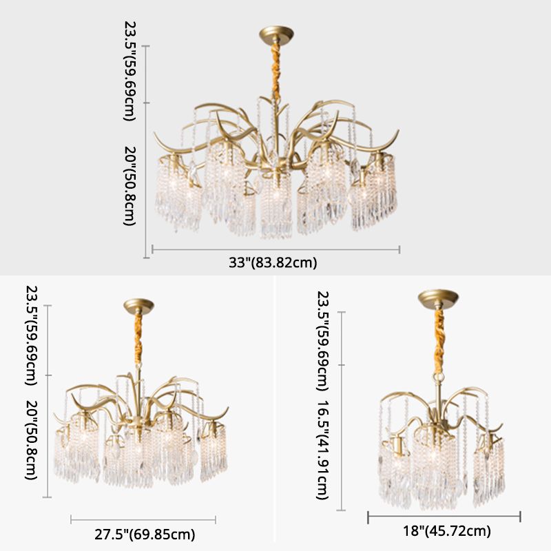 French Style Gold Chandelier Light with Clear Crystal Drops Metal Multi Light Pendant Light for Living Room