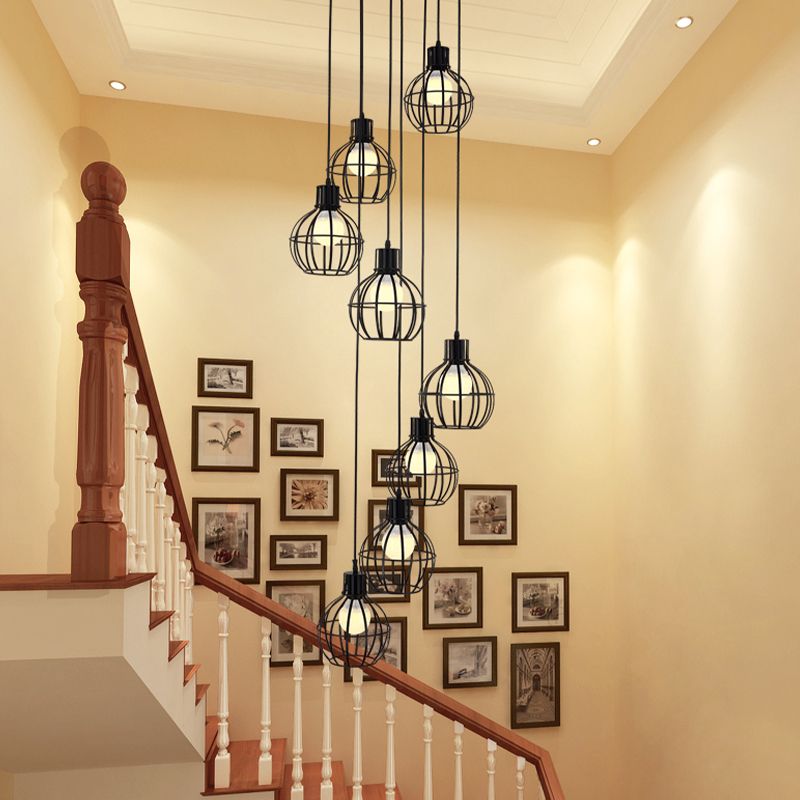 6 bulbos Globe Cage Hanging Lighting Industrial Black Metal Multi Light Pendse con diseño de espiral