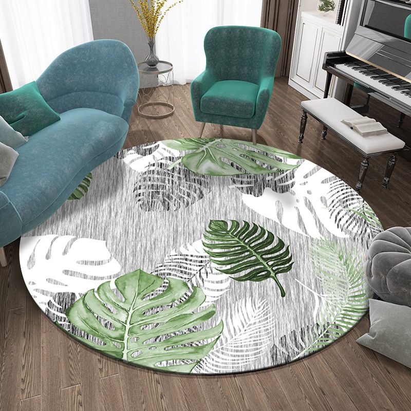 Round Multicolor Modern Indoor Rug Polyester Plant Print Rug Non-Slip Backing Indoor Rug for Bedroom