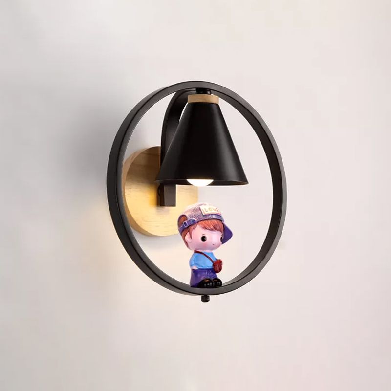 Cone Shade Wall Lighting Nordic Metal 1 Light Black/White Finish Wall Mount Lamp with Boy Deco