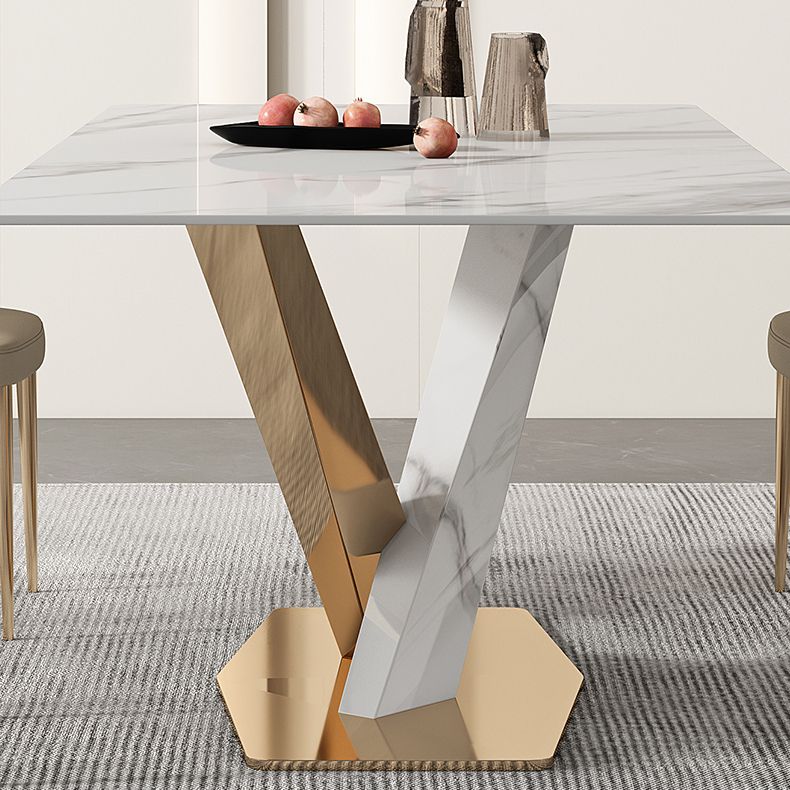 Glam White Sintered Stone Dining Table Rectangle Shape Standard Dining Table for Kitchen