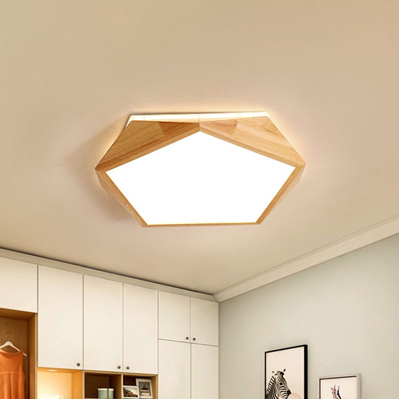 Modernist Pentagon Ceiling Flush Wood 16.5"/20.5" Wide LED Bedroom Flush Mount Lamp in Beige, Warm/White Light