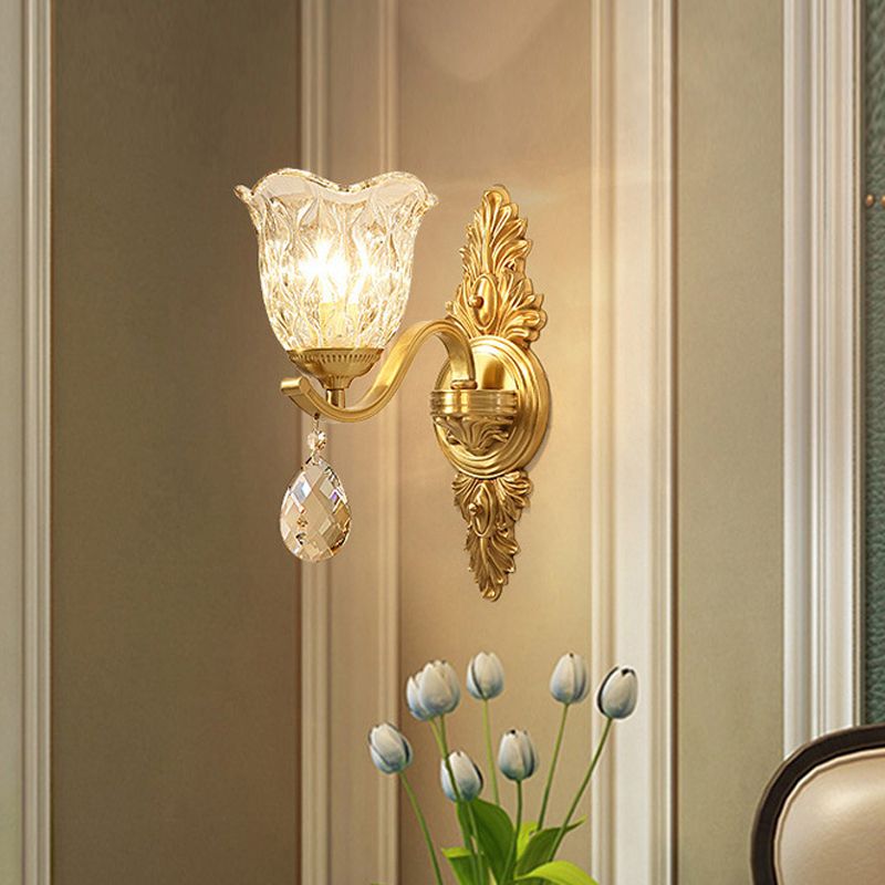 Crystal Flower Wall Mounted Lamp Retro 1 Light Gold Flush Wall Sconce for Living Room