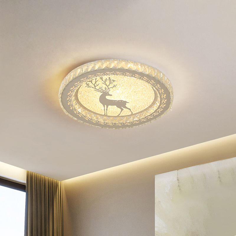 Modern Round Flush Light Fixture Clear Crystal Block LED Bedroom Ceiling Lighting in Warm/White Light with Deer Pattern