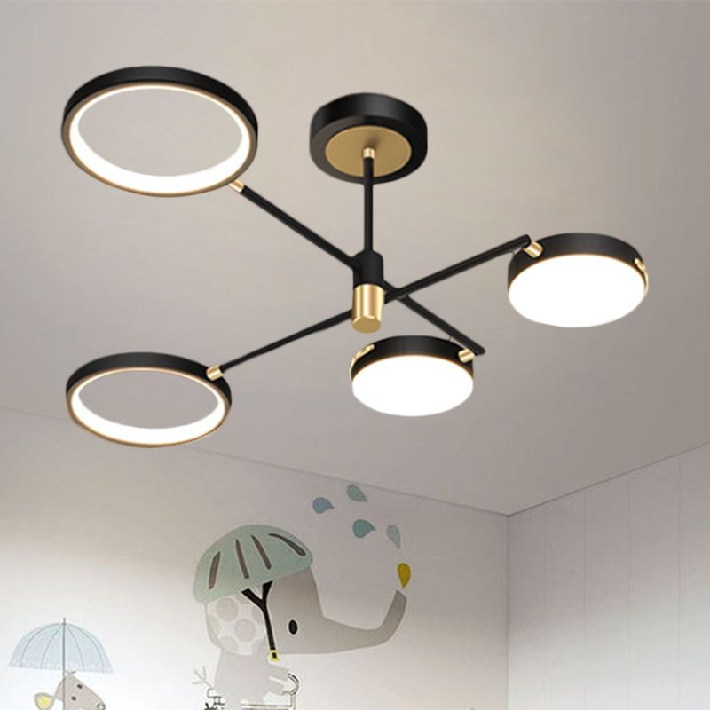 Round Dining Room Semi Flush Lamp Metallic 4-Light Modernist LED Flush Light Fixture in Black, White/Warm Light