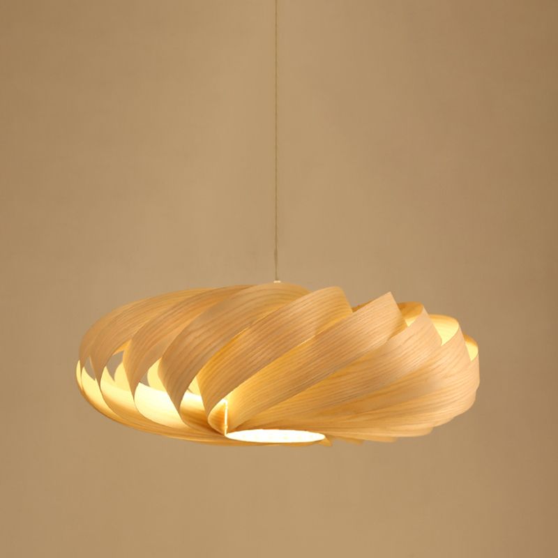 Swirl Wood Pendant Lighting Japanese 1 Head Beige Ceiling Suspension Lamp for Restaurant