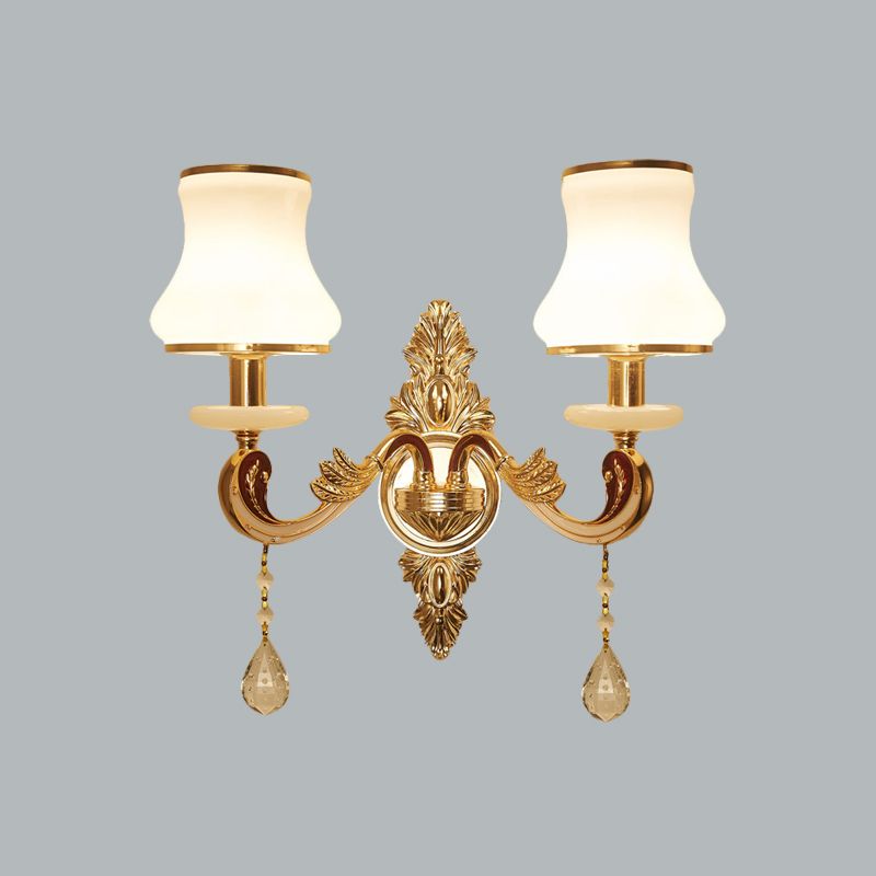2 Heads Wall Sconce Vintage Bedroom Wall Mount Lamp with Curved Milk Glass Lampshade in Gold