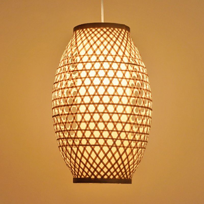 Oval Restaurant Hanging Light Fixture Bamboo Single Asian Suspension Lamp in Beige