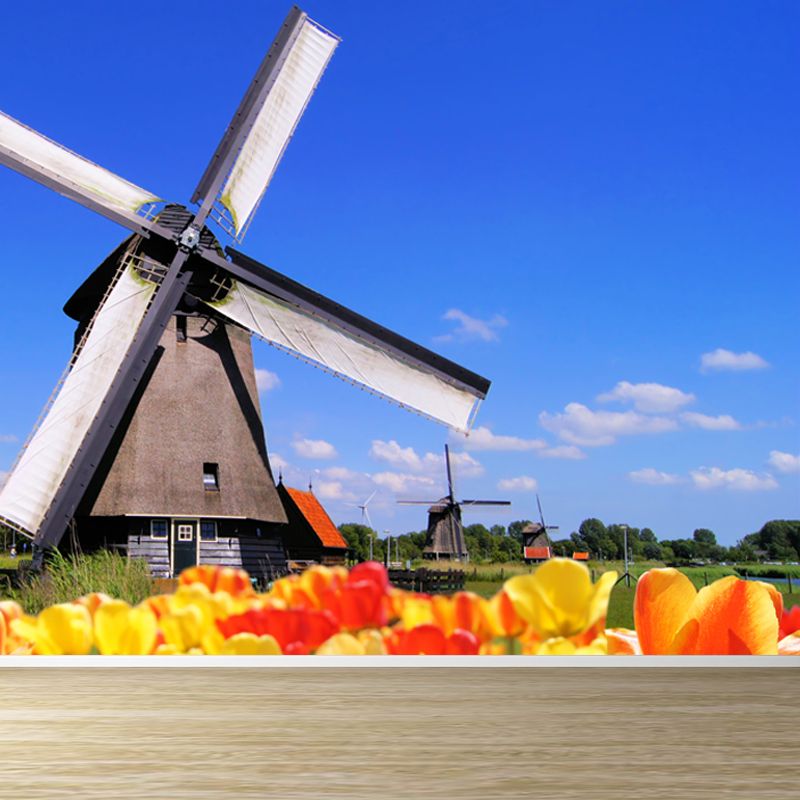 Large Static Windmill Mural Wallpaper Modern Landscape Wall Decor in Light Color