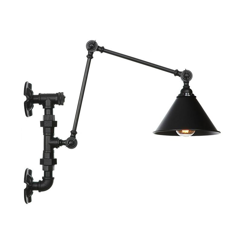 Cone/Flared Living Room Wall Lamp Fixture Industrial Iron 1-Light Black Rotatable Wall Light with Water Pipe Bracket