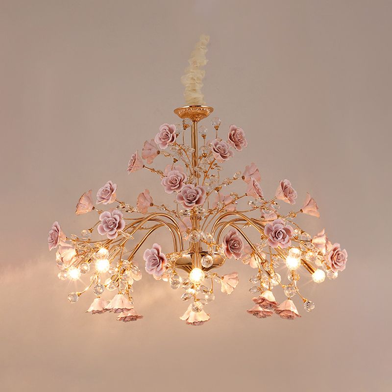 Luxury Crystal Chandelier Rural Ceramic Flower Living Room Hanging Light in Pink