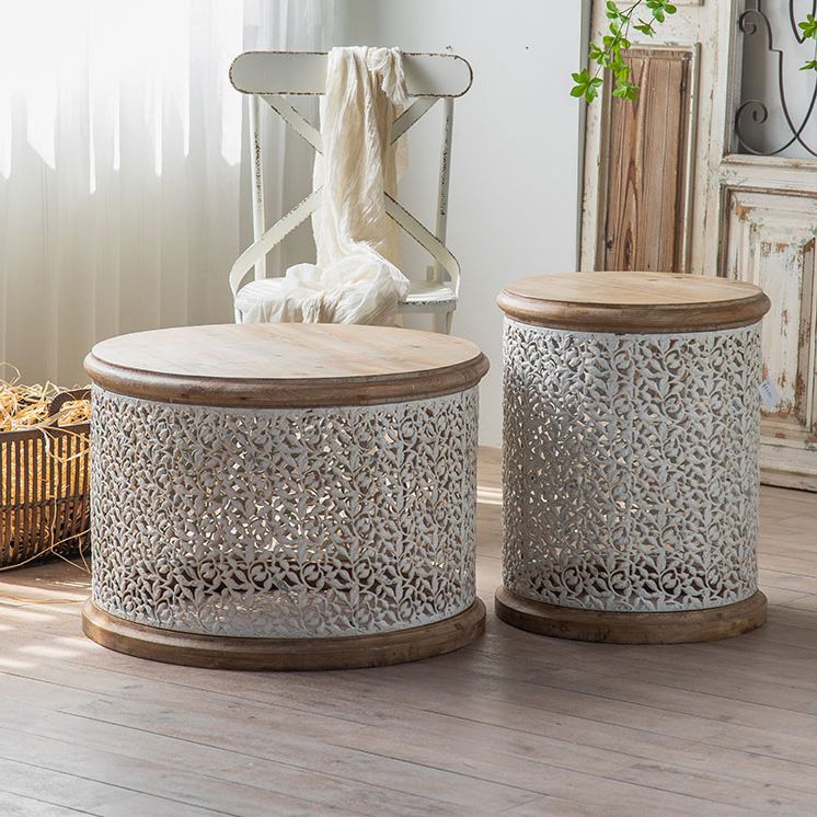 French Country Round Distressed Coffee Table Solid Wood Cocktail Table